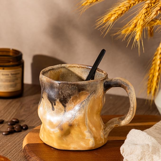 Handmade Ceramic Coffee Mugs, Mugs with Spoon, 11oz, Handmade Pottery Mug with Handle, Hand-painting, Unique Uneven Surface Tea cups, Dishwasher and Microwave Safe (Yellow)