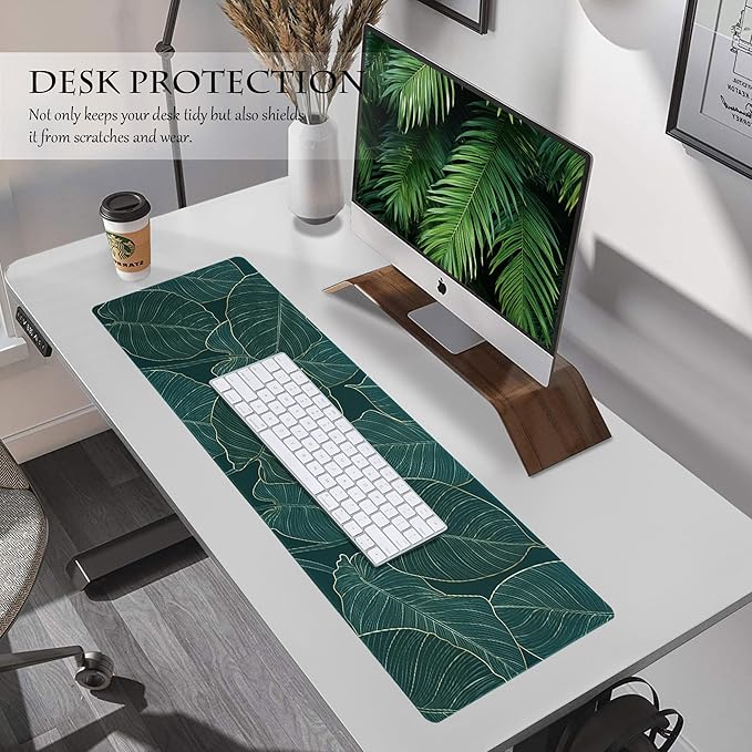 ALOANES Waterproof Mouse Pad with Durable Stitched Edge, XL Gaming Keyboard Pad, Non-Slip Rubber Base, Extended Desk pad for Gamer, Office & Home, Green Leaves Mousepad 31.5"x 11.8"x 0.12"