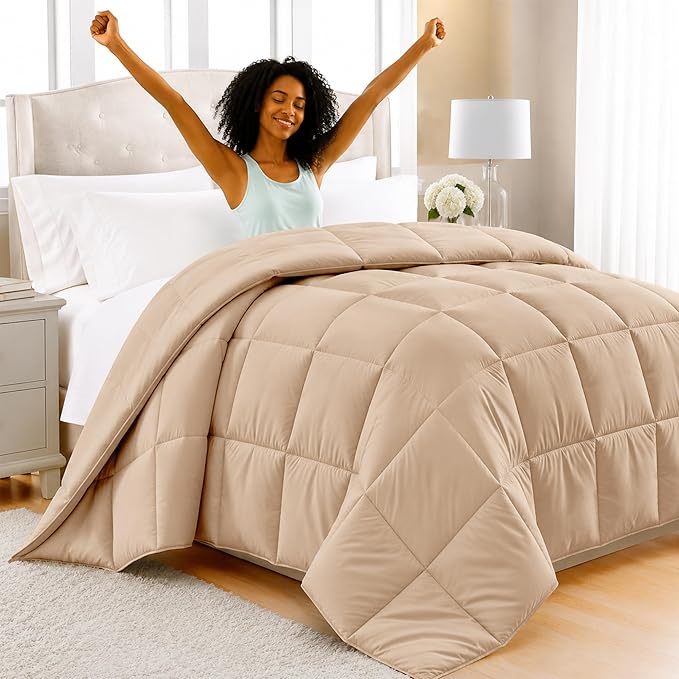 LUX Décor King Bed Comforter - Down Alternative Box Stitched Fluffy Comforter - Duvet Insert 102" x 90" (King, Beige)