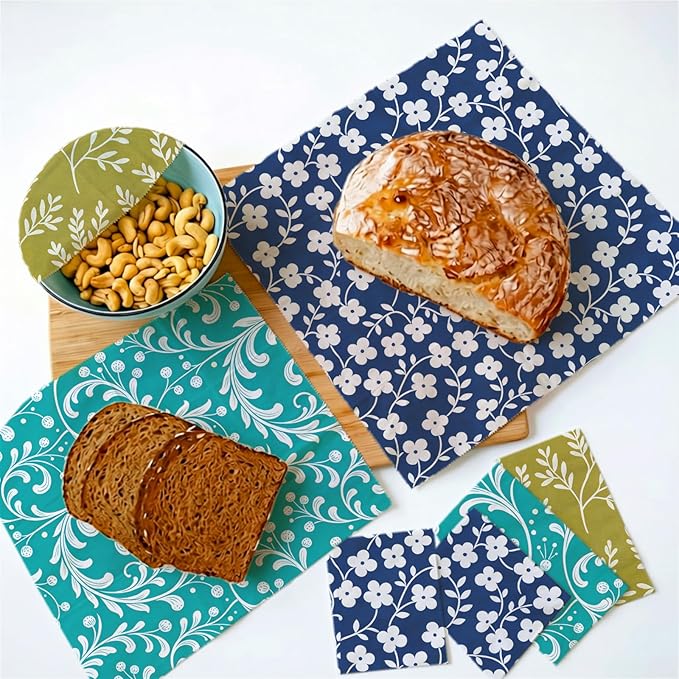 Reusable Beeswax Wraps, 9 Pack Sandwich, Snack, Bowl, Food Storage, Organic, Sustainable, Zero Waste, Plastic-Free, Eco-Friendly, 1XL, 3M, 5S, Blue Green Floral Botanical Prints
