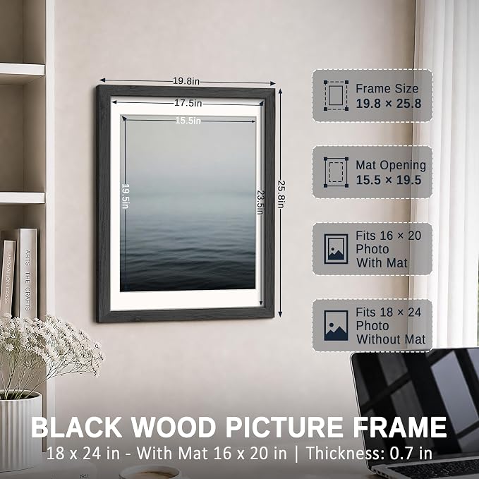 VCK 18x24 Frames Black 3 Pack, Wide Border Solid Wood, Display 16x20 Picture Photo with Mat or 18 x 24 without, for Home, Office, Gallery, Woodgrain Series, Wall Hanging