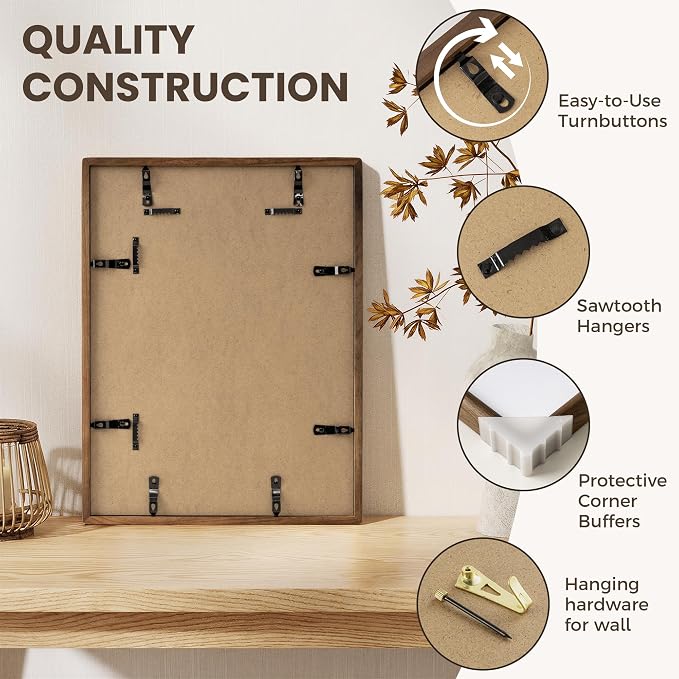 11x14 Picture Frame, USA-Sourced Teak Wood Picture Frame 11 x 14, Photo Frame with High Tempered Glass, 11 by 14 Wooden Frame Matted to 8x10 Photo Wall Mounted, Teak Color, 1 Pack