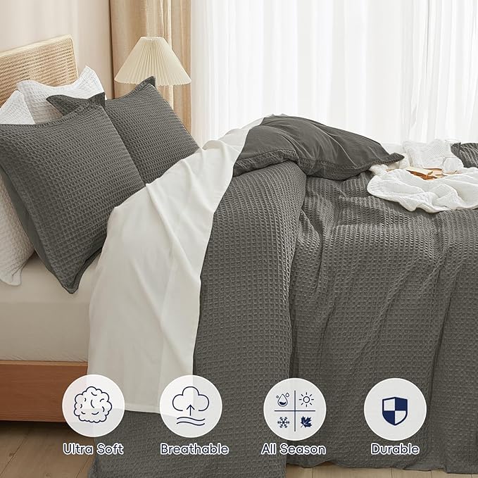 PHF Waffle Weave Duvet Cover Set California King, No Snagging Ultra Soft Luxury Textured Breathable Comforter Cover for All Season 3pcs, Durable Bedding Duvet Set with 2 Pillow Shams, 104"x98", Grey