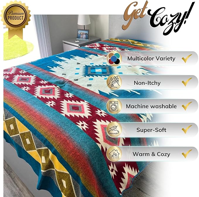 Alpaca Wool Throw Blanket, Native Design Wool Blanket, Throw Aztec Pattern Alpaca Wool Throw Blanket (Turquoise, Throw 78"x48")