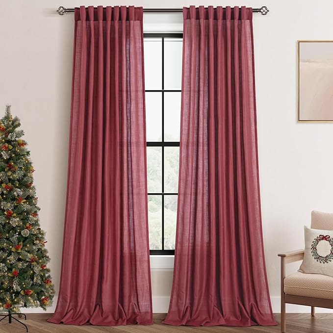 Burgundy Curtains for Living Room Back Tab Modern Farmhouse Semi Sheer Burgundy Curtains 108 inches Long 2 Panels Set Muted Neutral Window Curtain for Dining Room Bedroom 52x108