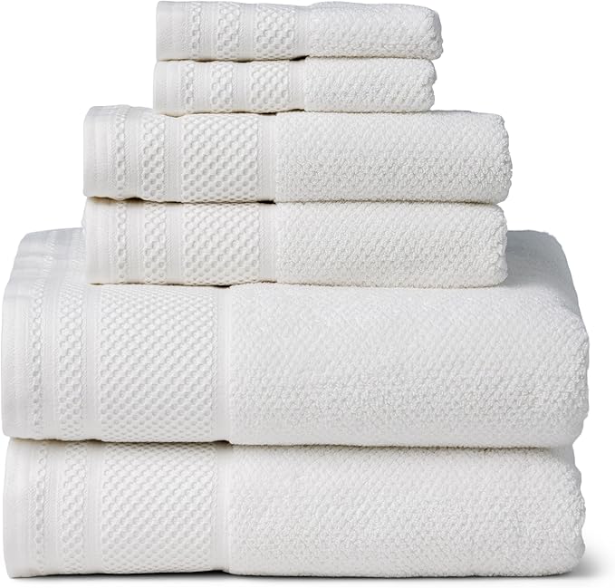 Texere 100% Organic Cotton Rice Weave Jacquard 700 GSM Luxury Bath Towel Sets, Soft and Absorbent Hotel Quality, Bath Towels, Hand Towels, Washcloths (Rice Weave, Bright White, 6 Piece)