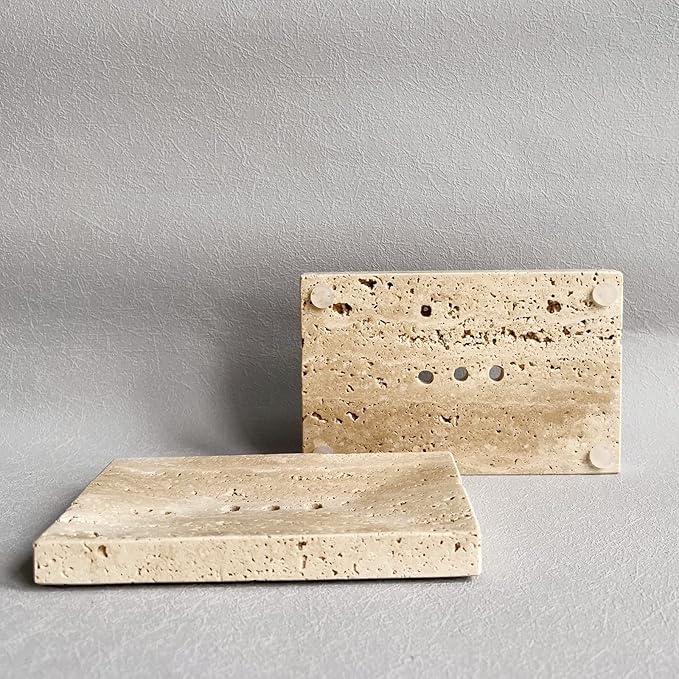 Natural Smooth Real Marble Soap Dish/Facial Sponge Holder/Bathroom Makeup Sponge Tray with Draining Hole (Beige Travertine)