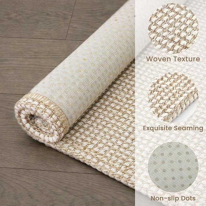 EARTHALL Woven Runner Rug 3x10 Ft Washable Runners for Hallways Long Non Slip Rubber Backed Kitchen Runner Braided Indoor Floor Carpet Runners for Entryway, Hallway, Kitchen, Beige/Ivory