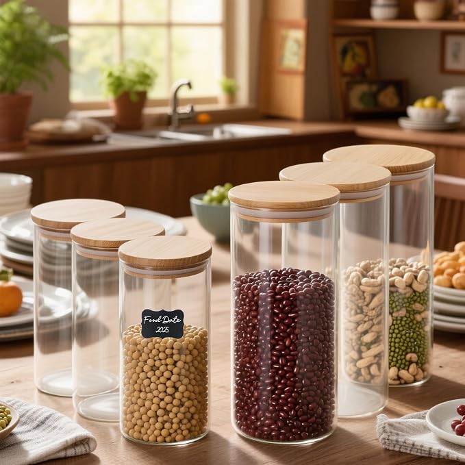 6Pack Glass Food Storage Containers with lids (1.5QT/0.8QT) | Glass Containers with Bamboo Lids for Overnight Oats, Coffee, Spices, Candies, Flour