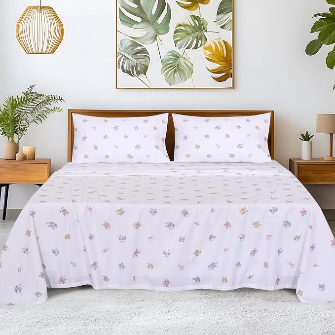RUVANTI Flannel Sheets Queen Size - GOTS Certified 100% Organic Cotton, 4 Piece Warm, Soft & Breathable Set, Deep Pocket Snug Fit, Double Brushed Cozy All Season Bedding, Floral