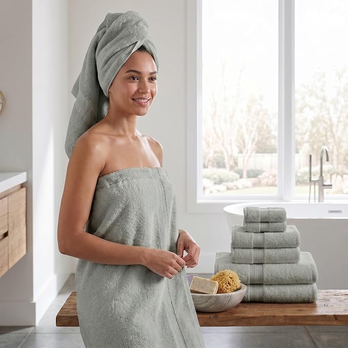 Maisonette Elegance 100% Organic Cotton Turkish Bathroom Towels Set, Ideal Quick Dry Luxury Washcloths, Hand & Large Luxury Bath Towels for Shower, (6 Pack), Green (Eucalyptus)
