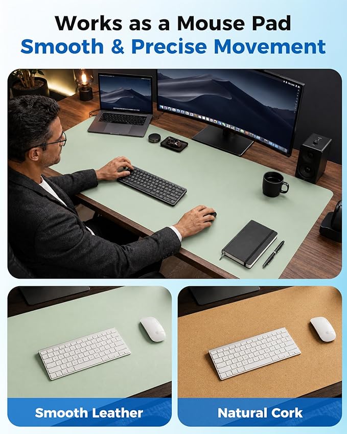 Aothia Cork Desk Mat - Dual-Sided XL PU Leather Desk Pad & Full Desk Protector, Large Waterproof Desktop Mat for Office & Gaming (47" x 23.6", Aqua)