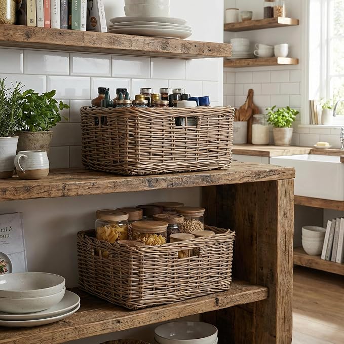 StorageWorks Pantry Baskets, Willow Storage Baskets for Organizing, Shelves, Pantry Organizers and Storage, Light Brown, 15" L x 11" W x 6 ¾"H