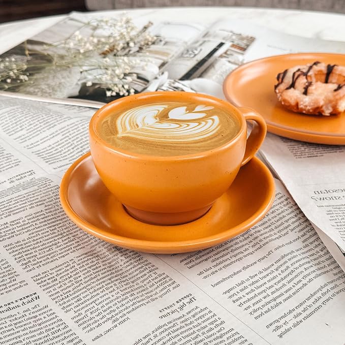 MORA Ceramic Latte Art Mug With Saucer - 10.5 oz, Round Bottom For Perfect Pours - Cafe Cups for Cappuccino, Espresso, Coffee, Tea etc - Porcelain Set for Baristas, Great Gift - Pumpkin Orange