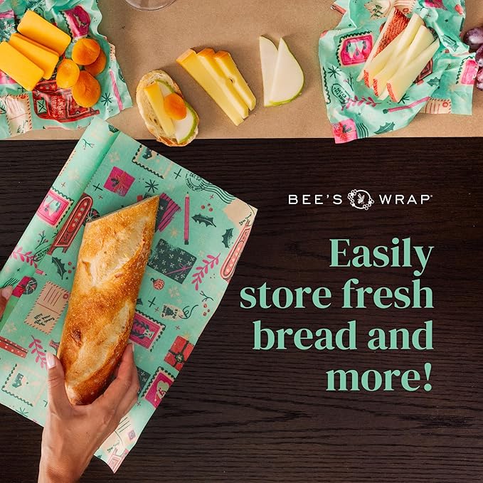 Bee's Wrap Beeswax Wraps for Bread - Beeswax Bread Wrap for Sourdough & Bread Storage - Plastic Free Made in USA Reusable Natural Food Wrap - Seasons Greetings
