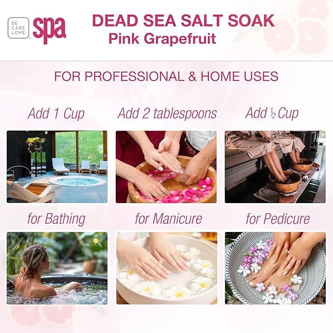 Be Care Love (BCL) Spa Energizing Pink Grapefruit Dead Sea Salt Soak – Professional Uplifting Foot Soak for Pedicure & Manicure, Softens Skin, Relaxing Spa Self Care for Women, Made in USA, 16 oz