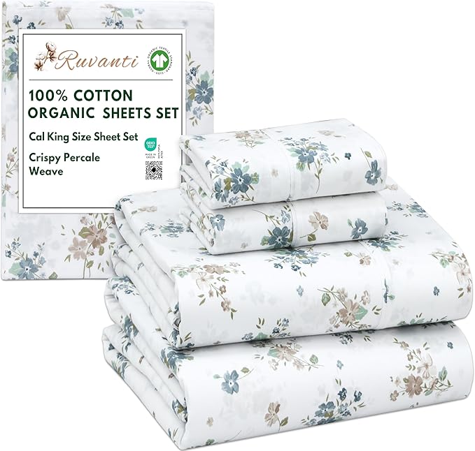 RUVANTI 100% Cotton Organic Percale Sheets Cal King Size – Crisp Cooling Bed Sheets for Hot Sleepers, Deep Pocket 13”, Soft Peach Finish, Breathable & Durable Hotel-Style 4 Pcs, Halcyon