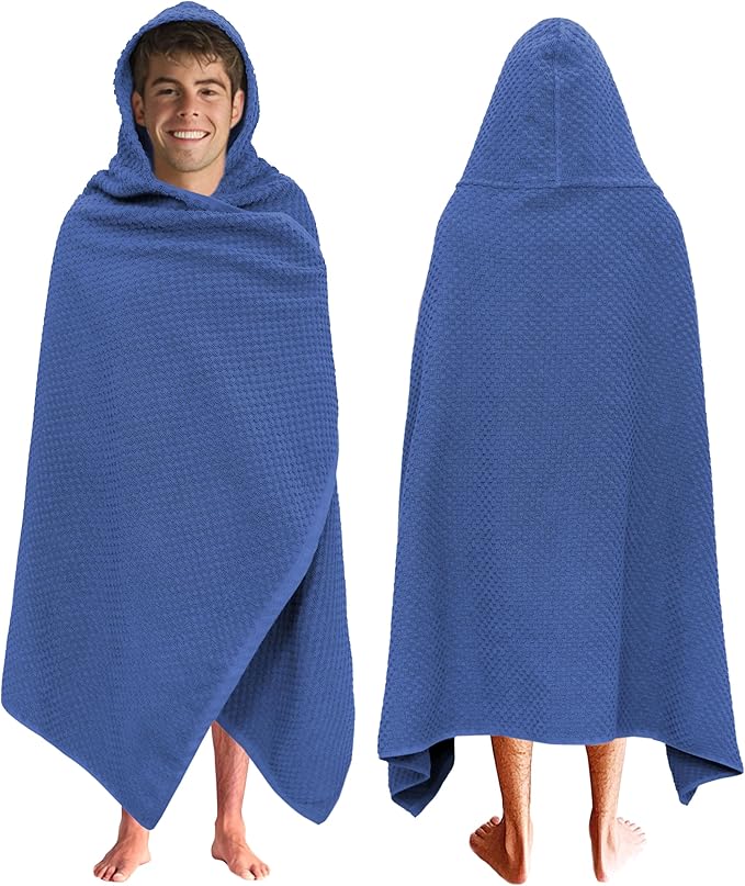 COTTON CRAFT Hooded Bath Towel – Oversized 35 x 70 Waffle Weave Towel with Hood for Adults - 100% Ringspun Cotton Pool Bath Sheet Wrap with Hood - Soft Super Absorbent Quick Dry – 450 GSM – Blue