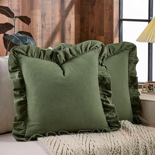AmHoo Pack of 2 Throw Pillow Covers 100% Cotton Pre Washed Ruffle Decorative Pillowcase Cushion for Couch Sofa Bedroom 24 x 24-Inch Olive Green