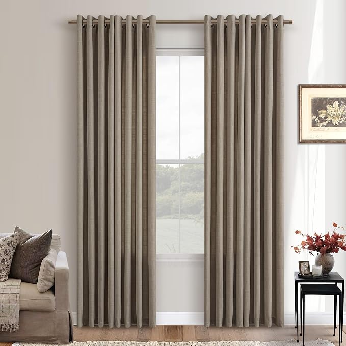 Tan Brown 92 Inch Curtains Flax Linen Bronze Grommet Semi Sheer Non-See-Through Privacy Drapes Boho Farmhouse Vintage Bay Window Curtains 92 Inches Long 2 Panels Set for Bedroom Living Room Taupe