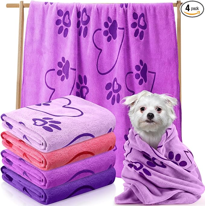 Fanfanwin 4 Pcs Dog Bath Towels Microfiber Drying Dog Towel Absorbent Pet Heart Paw Towels for Medium Dogs Puppy Cats Pets Shower (Purple,Pink)