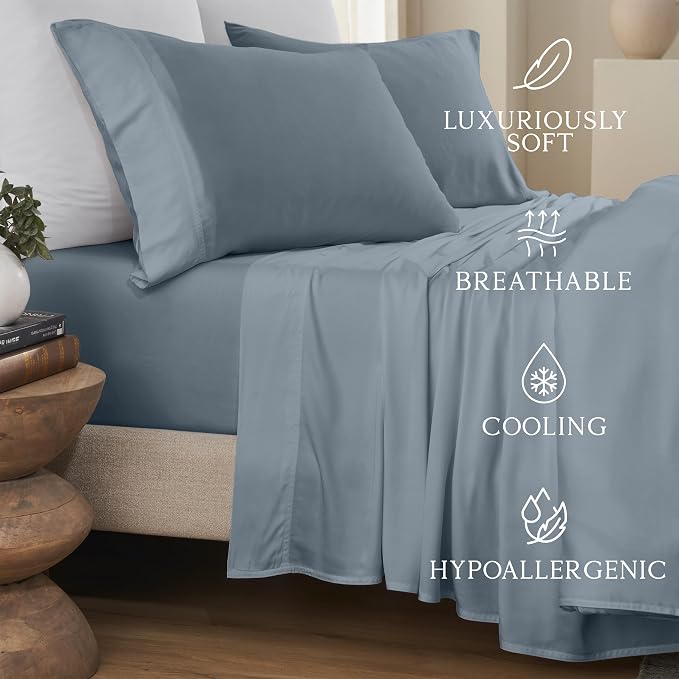 KARISSA MAE Pure Viscose from Bamboo King Size Pillowcase Set | 100% FSC Certified | Luxuriously Soft | Cooling | [Chambray Blue]
