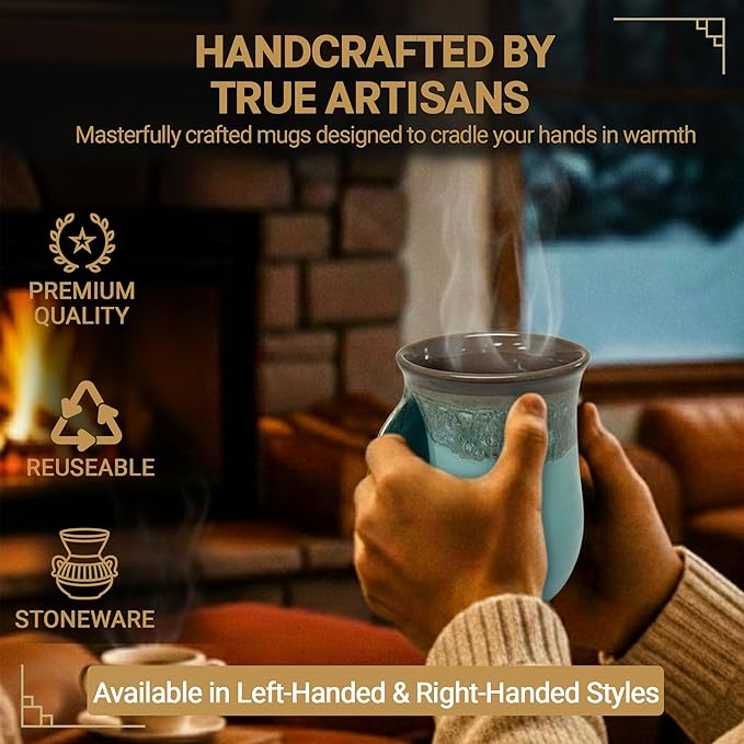 Clay in Motion Hand Warmer Coffee Mug – Handmade Coffee Mug With Comfortable Handle Contoured Pocket Hand Warming Ceramic Coffee Mug – Proudly Made in USA – Left Handed – 14 Oz - Ocean Tide