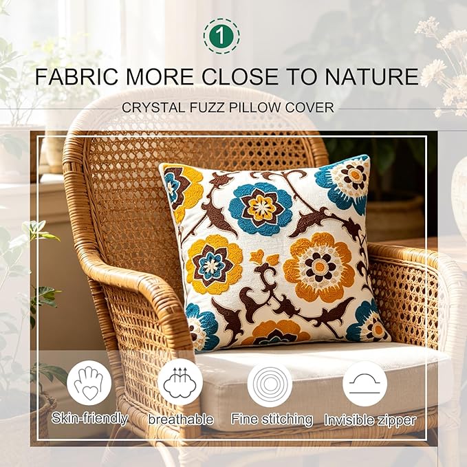 Embroidered Throw Pillow Cover 18x18 Inch,Cotton Canvas Floral Pillow Case, Daisy Wildflower Leaf Boho Farmhouse Decorative Cushion Square for Sofa Bedroom Living Room Outdoor Couch Farmhouse (A002)