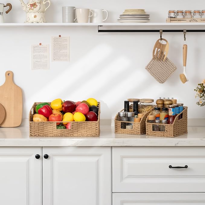 StorageWorks Paper Rope Pantry Storage Baskets, Wicker Baskets with Built-in Handles, Handwoven Shelf Baskets for Organizing, Pantry Organizers and Storage, Natural, 3 Pack