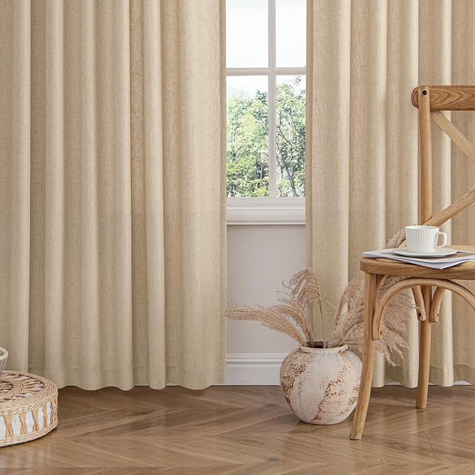 MIULEE Non-See-Through Privacy Linen Curtains 2 Panels, Light Filtering Window Curtains Farnhouse Textured Back Tab Semi Sheer Drapes for Bedroom Living Room, 52 x 84 Inches Long, Light Brown