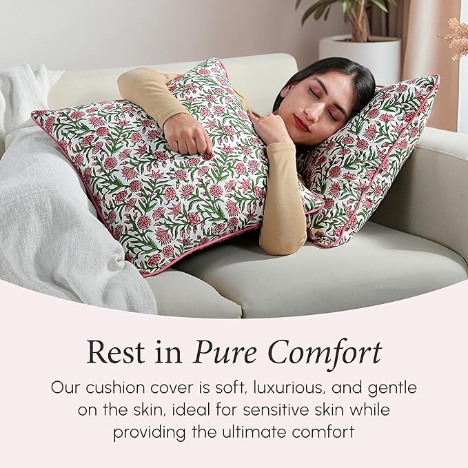 CPC 100% Cotton Throw Pillow Covers 24x24 Inch, Set of 2 Red Block Print Pattern Couch Pillow, Cute Boho Decorative Pillows for Living Room, Bedroom with Hidden Zipper- Red Garnet