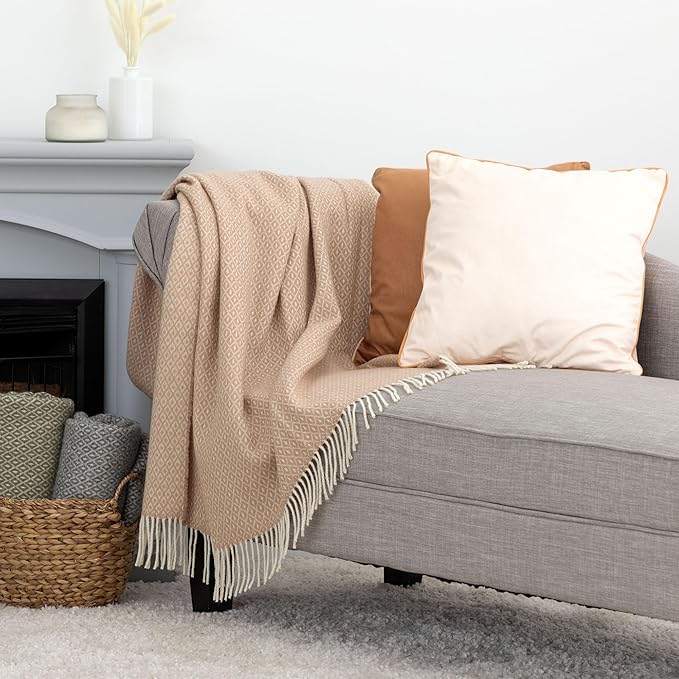 GreaterGood Ukrainian 100% Wool Throw Blanket – Handmade Elegant Cozy Fringed Wool Blanket for Couch, Bed, Sofa & Home Decor, Durable Plaid Herringbone Weave, Fair Trade Artisan Made (Sand, Diamond)