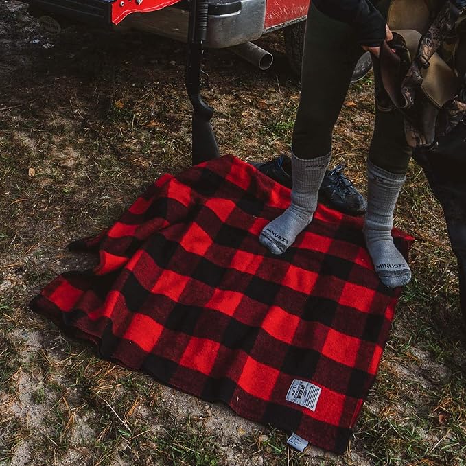 Camp Throw Blanket - 80% Recycled Wool - Buffalo Plaid - Warm Throw Blanket - Thick - Washable - 62W x 80L - Red and Black Plaid