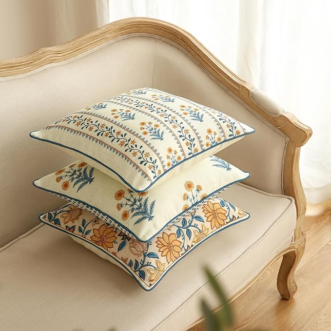ISAENNE Design Square Simple Elegant Linen Throw Pillow Covers 18"x18" Pack of 2, Blue Yellow Floral Pattern Cushion Covers Decor Pillowcases for Bed,Living Room,Outdoor,Car