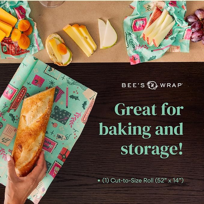 Bee's Wrap Beeswax Wraps for Food - Cut to Size 14x52" Beeswax Wrap Roll - Plastic Free Made in USA Reusable Natural Food Wrap - Seasons Greetings