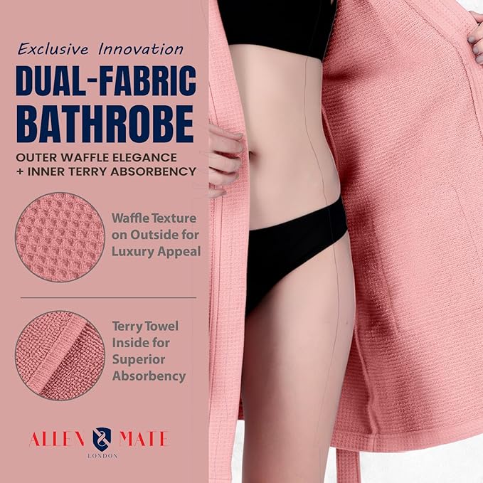 ALLEN & MATE 100% Cotton Women's Short Robe Dual Fabric Waffle Outside & Terry Towel Inside Kimono Bathrobe Medium Weight