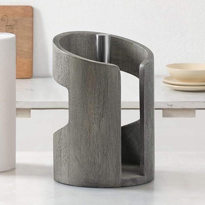 Anji Mountain Wooden Paper Towel Holder Countertop with Mango Wood Round Base and Iron Holder, Holder Stand for Kitchen Roll Organizer & Kitchen Dining Table Home Decor - Greige/Nickel, Arc Hold