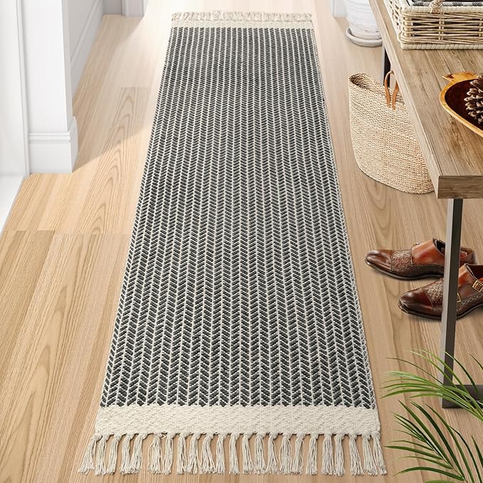 Lahome Belle Boho Hallway Runner Rug, 2x7 Kitchen Runners Rug Washable Bath Rugs for Bathroom Woven Cotton with Tassels, Farmhouse Carpet Non Shedding Grey Rugs for Bedroom Laundry