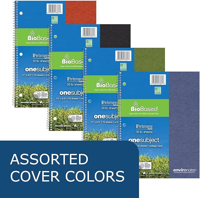 Roaring Spring Environotes Recycled Spiral Bound 1 Subject Notebook, College Ruled, 70 Biobased Sheets, 11" x 8.5", Assorted Earthtone Color Covers, Pack of 4