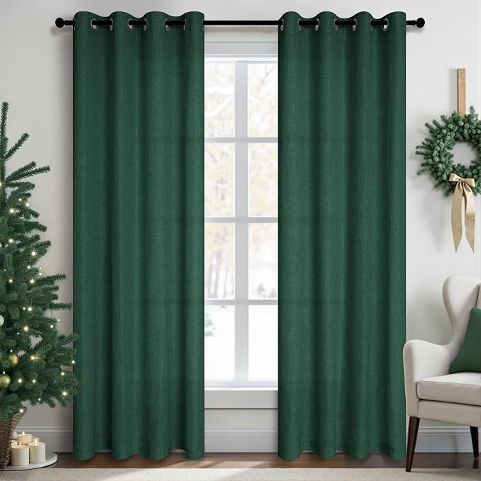 Pitalk Christmas Green Curtains 84 Inches Long for Living Room 2 Panels Set Grommet Semi Sheer Linen Light Filtering Moody Emerald Dark Green Boho Curtains Drapes for Bedroom Dining Room 52x84 Length