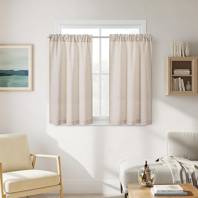 40 Inch Short Linen Curtains for Bedroom Living Room Small Window, Light Coffee Tan Beige Front Door Curtain Rod Pocket 2 Panels Rustic Semi Sheer Privacy Basement Curtains W34xL40