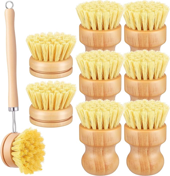 9 PCS Bamboo Dish Brush Set, Multifunctional Dishwashing Bamboo Scrub Brush with Natural Sisal Bristles, Wooden Dish Brush for Cleaning Pots, Pans, Dishes, Vegetables
