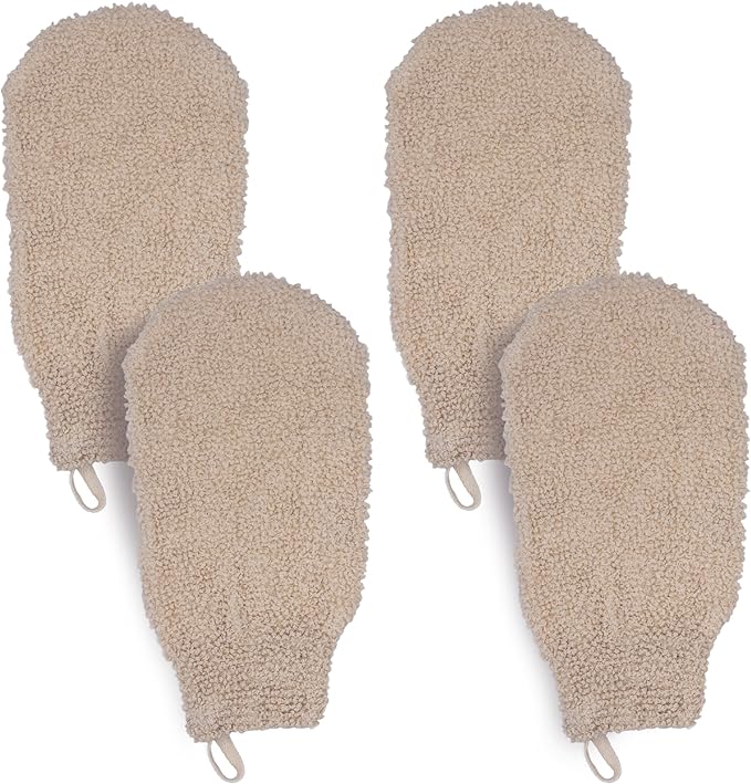 (4 Pack) Natural Exfoliating Cotton Bath Mitt Shower Gloves Loofah Washcloth Sponge Machine Washable Body Scrubber (Gentle Ramie)