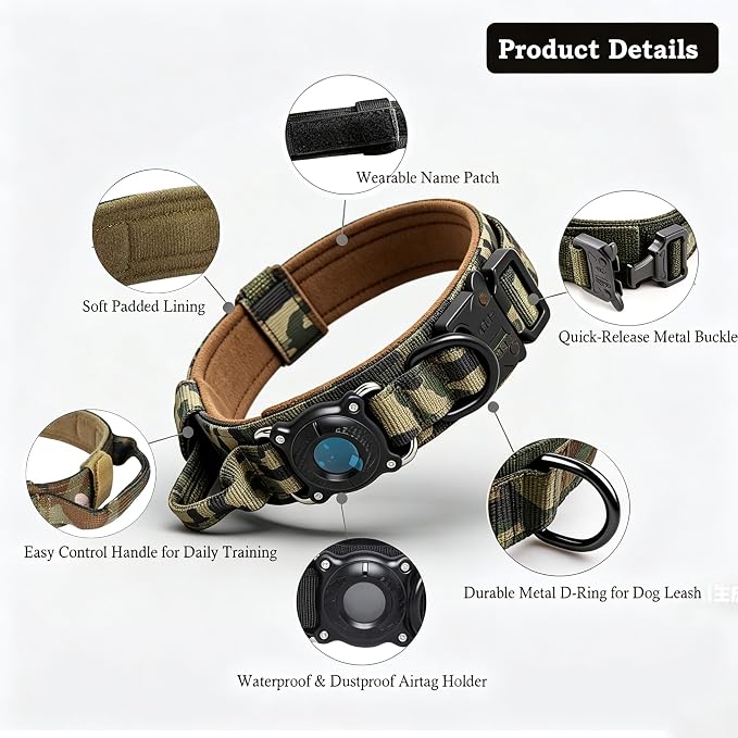 Upgraded AirTag Dog Collar,Waterproof Tactical Dog Collar with AirTag Holder, Control Handle and Metal Buckle,Heavy Duty Dog Collars for Large Dogs(AirtagCamo，M