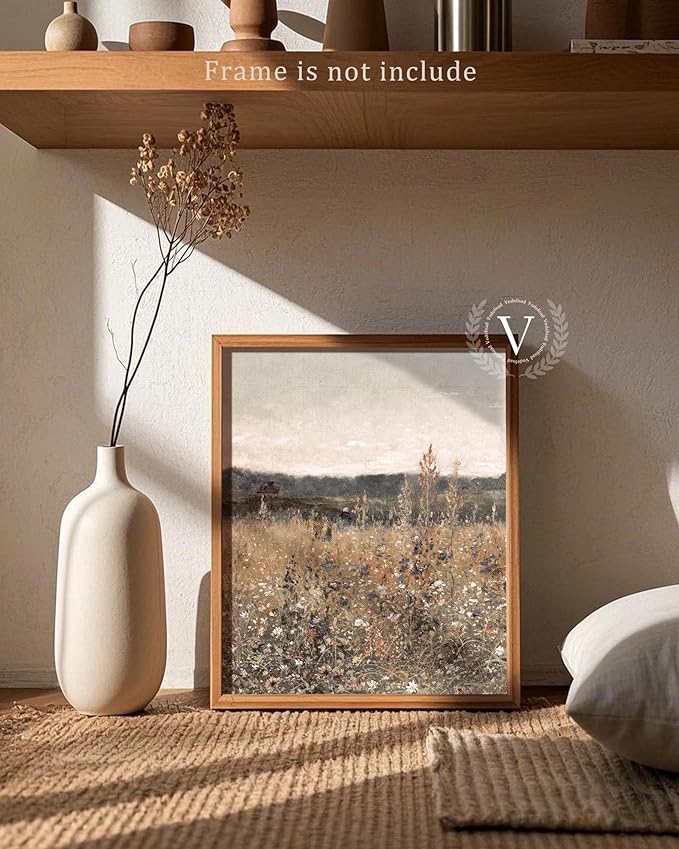 Wildflower Field Landscape Vintage Canvas Wall Art, Vertical Country Landscape Print for Home Decor, Farmhouse Muted Paintings Art Picture Aesthetic for Bedroom Bathroom Living Room Office Decor (8" x 10"-UNFRAMED)