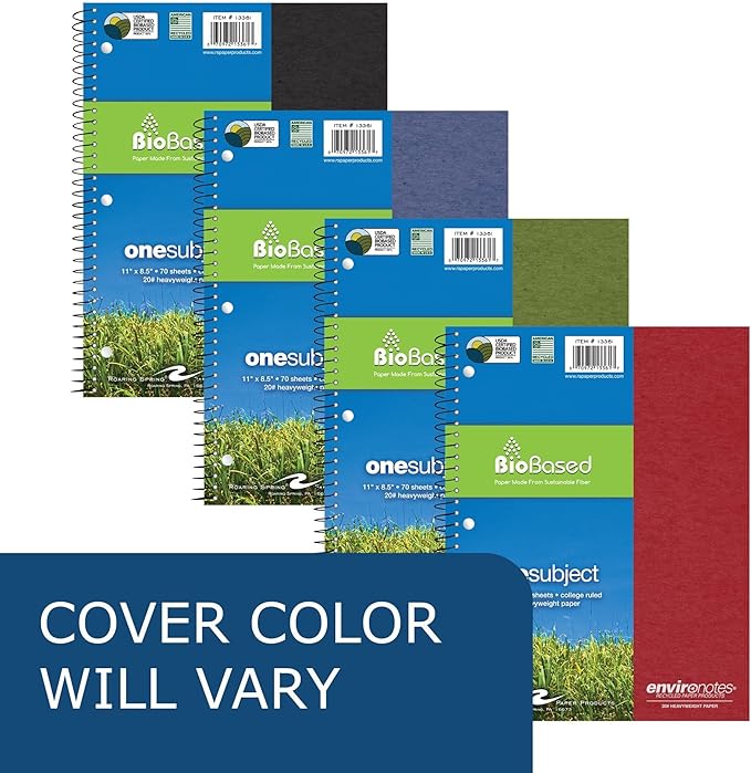 ROARING SPRING Environotes Recycled One Subject Spiral Notebook, Heavyweight College Ruled BioBased Paper, 11" x 8.5" 70 Sheets, Assorted Earthtone Covers