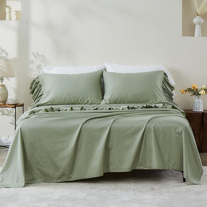 Simple&Opulence 100% Organic Cotton Sheet Set, Long Ruffle Bed Sheets (1 Flat Sheet, 1 Fitted Sheet and 2 Pillowcases) Elegant Shabby Chic Bedding Farmhouse Charming Vintage - Sage Green, Full