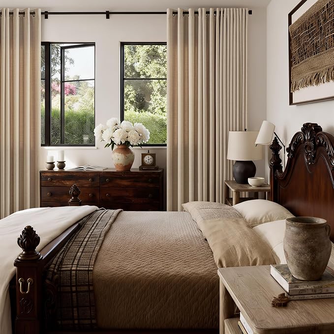 Burlap Linen Curtains 80 Inches Long for Living Room 2 Panels Set Drapes Semi Sheer Light Filtering Boho Farmhouse Neutral Floor Ceiling Window Curtains 80 Inch Length Tan Brown Dining Room Bedroom