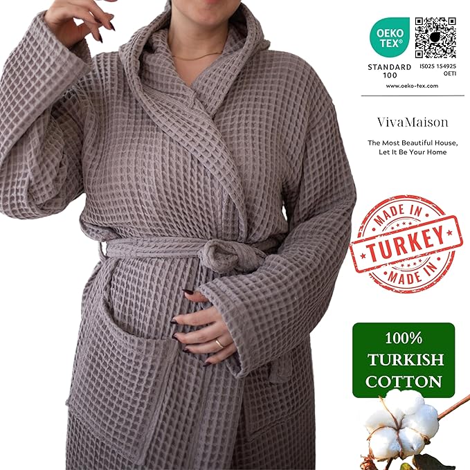 Unisex Hooded Waffle Robe for Women & Men 100% Turkish Cotton | Quick-Dry Bathrobe | Cozy Housecoat for Lounging