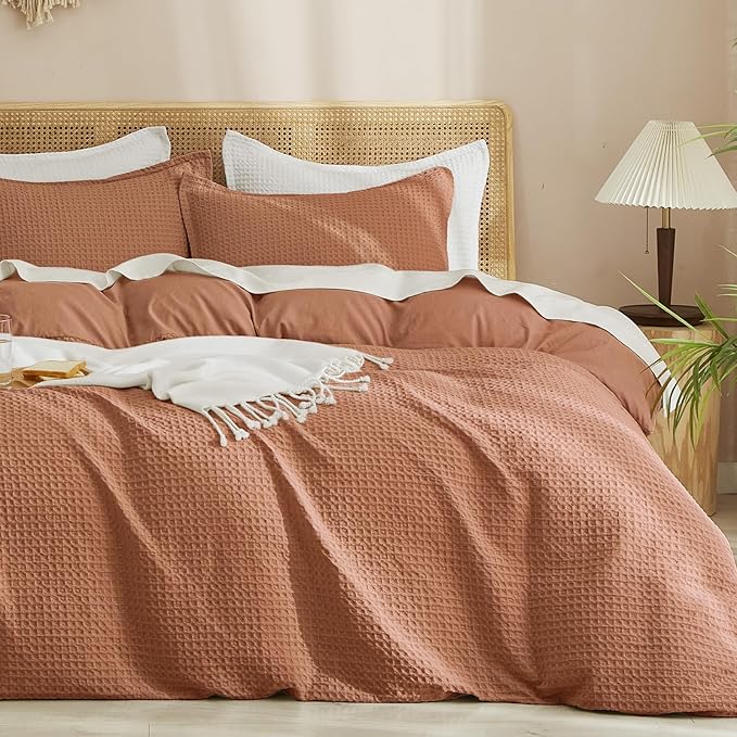 PHF Waffle Duvet Cover Set Twin/Twin XL Size, No Snagging Ultra Soft Luxury Textured Breathable Comforter Cover for All Season 2pcs, Durable Bedding Duvet Set with 1 Pillow Sham, 68"x90", Terra Cotta